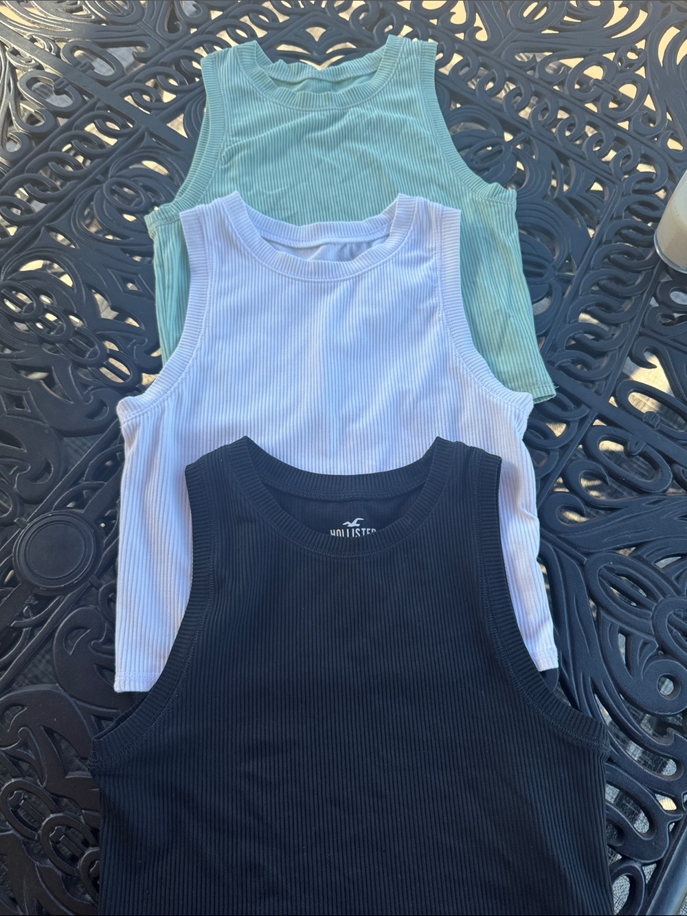 Hollister Ribbed Tank Top Trio — Black, White, Sage Green